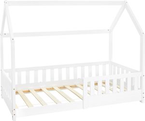 ML-Design detská posteľ 80x160 cm s ochranou proti vypadnutiu, strechou a lamelovým roštom, biela, posteľ z masívneho borovicového dreva