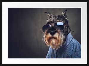 Lustiger Hund mit Hemd und SonnenbrilleBilderrahmen mit Galerie-Passepartout / Format: 80x60cm / gerahmt / hochwertige Leinwandbild Alternative