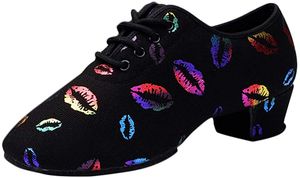 Damen Tanzschuhe Jazzschuhe Blockabsatz Jazz Gymnastik Schuhe, Farbe: Bunte Lippenabdrücke, Größe: 35 EU