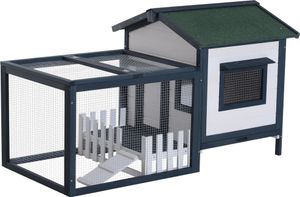 PawHut Kaninchenstall Kleintiergehege, Hasenstall aus Tannenholz, Meerschweinchen Freilauf, Kleintierhaus, Kleintierstall mit Bodenwanne und Rampe, Grün+Weiß, 151 x 78 x 84,5 cm