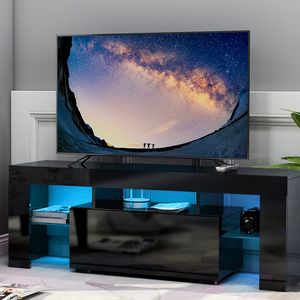 Merax TV-Schrank LED Lowboard Hochglanz Fernsehschrank mit 16 LED-Beleuchtung Farben und Ablagen, Fernsehtisch LED Sideboard 130x45x35cm, schwarz