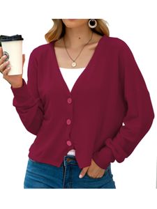 Damen Frauen Cable Knit Cardigan Button Langarm Grandad Plus Größen,Farbe: Rotwein,Größe:L