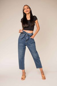 Damen Mom Jeans High-Waist Cropped Weite Hose Five Pocket Bundgürtel, Farben:Hellblau, Größe:40