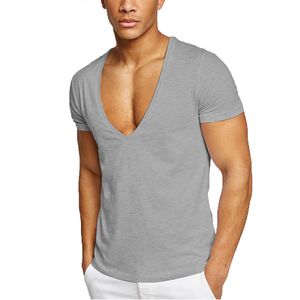 Einfarbiges Herrenhemd Mit Tiefem V-Ausschnitt Aus Baumwolle, Lässiges Kurzarm-T-Shirt,Farbe: Grau,Größe:M