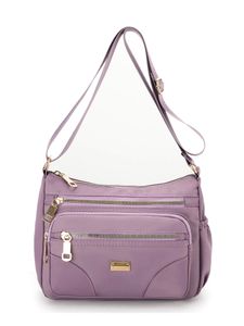 Damen Handtasche Brieftasche Große Kapazität Satchel Nylon Reißverschluss Umhängetaschen Helles Lila