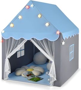 COSTWAY Dětský hrací domeček s hvězdami, dětský stan pro princezny s oknem a podložkou, dětský stan s dvojitou záclonou, dětský hrací zámek pro kluky a pohádky (modrý)