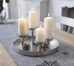 Kerzenhalter "Tablett" aus Aluminium in Antik Optik, silber, Adventskranz Ø 32 cm, Kerzentablett für 4 Kerzen