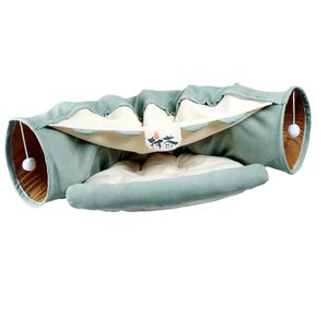 Faltbar Katzentunnel Spieltunnel Katzenspielzeug Tunnel mit Schlafbett für Katzen, Welpen, Kätzchen, Kaninchen Farbe Grün