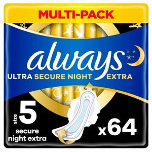always Ultra Binde Secure Night Extra mit Flügeln Monatspaket, 64 Binden (4 Packungen x 16 Stück)
