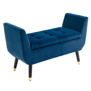 HOMCOM Luxusní lavice Čalouněná lavice s úložným prostorem Područky Truhla Lavice Samet Polyester Guma Dřevo Modrá 107 x 42 x 65 cm