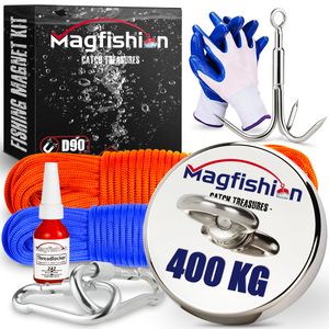 Magfishion® Mega Fisch Magnet Set – 400 kg – Starker Magnet - Perfekt zum Magnet Fischen - Neodym Magnet inkl. Schraubensicherung, Karabiner, Dragge & 2 Seile – Geschenkset - Ø90 mm