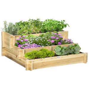 Vyvýšený záhon Outsunny, 3-poschodový kvetinový box, záhon s textilnou výstelkou, bylinkový záhon, kvetinové schodíky na balkón, záhrada, drevo, prírodná farba, 93 x 93 x 35 cm