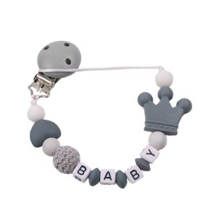 Baby Schnullerkette Schnullerketten mit Monogramm Krone für Mädchen & Jungen personalisierte Baby Geschenke Grau