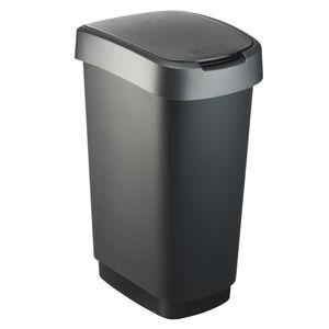 Rotho Twist odpadkový kôš 50 l s vekom, možno použiť ako výklopné alebo sklopné veko, plast (PP), bez BPA, čierny/strieborný, 50 l (40,1 x 29,8 x 60,2 cm)