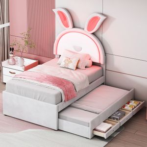 Čalouněná postel Fortuna Lai 90 x 200 cm,Multifunkční čalouněná jednolůžková rozkládací pohovka s výsuvným lůžkem, dětská postel, úložná zásuvka a LED světlo měnící barvu, sametová látka, béžová barva