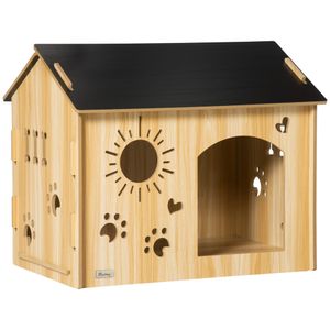 PawHut Hundehütte aus Holz Kleintierhaus mit Lüftungsöffnungen Hundehaus mit Dach Hundehöhle Indoor MDF Eiche+Schwarz 69 x 50 x 58,5 cm
