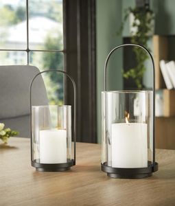 2x Windlicht "Minimal" aus Metall, schwarz & Glas, Kerzenhalter für Stumpenkerzen, Kerzenglas, Windlichtglas