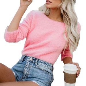 Damen Einfarbig Rundhals Slim Top Langarm T-Shirt Pullover,Farbe: Rosa,Größe:S