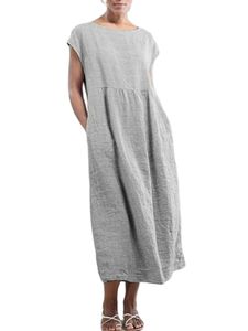 Damen Kurzarm Sundress Summer Crew Neck Kleid lässige Festkörperkleider,Farbe:Silber,Größe:M