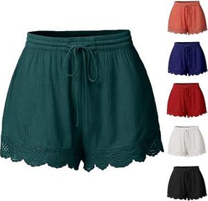 Sommerliche Shorts für Damen mit Spitzenbesatz - Bequeme High-Waist Baumwollshorts mit Kordelzug - Lässige Freizeitshorts für den Strand