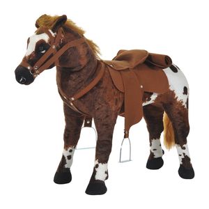 HOMCOM Hrací kôň Detský jazdecký kôň so zvukom koňa Plyšové zvieratko Stojaci kôň pre deti od 3 rokov Kovová hračka Hnedá+biela 85 x 28 x 60 cm