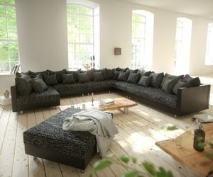 Couch Clovis XXL Schwarz mit Hocker Ottomane Rechts Wohnlandschaft Modulsofa