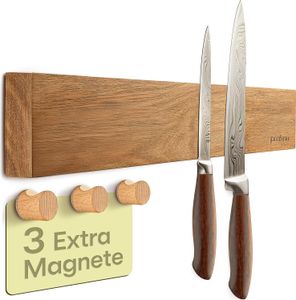 Magnetleiste Messer selbstklebend 40 cm - Messerhalter aus Akazienholz mit Extra starkem Magnet - 3 Steckhaken für Handtücher - Einfache Montage
