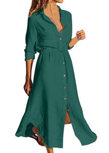 ASKSA Damen Freizeitkleider Sommer Knopf Langarm Shirtkleid  Lockeres Solides Midi Kleid mit Kordelzug, Grün, L