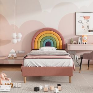 Flieks Polsterbett 90x200cm, Einzelbett Kinderbett mit Regenbogenförmigem Kopfteil, Jugendbett Holzbett mit Lattenrost, Samt, Rosa