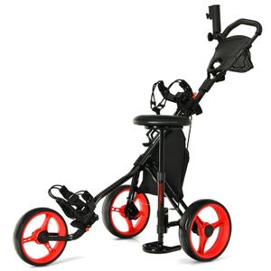 COSTWAY 3-Rad Golftrolley mit hydraulischem Sitz, Golfwagen Golf mit Aufbewahrungstasche und Getränkehalter, Schiebewagen, Golf Push Cart, Golfcaddy schwarz