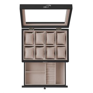 SONGMICS Box na hodinky, 8 přihrádek, z masivního dřeva, skleněné víko