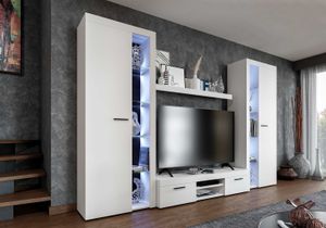 FURNIX Mediawand RIVAY XL Wohnwand 4-teilig mit LED, Vitrine, TV Schrank, Highboard 300 cm für Wohnzimmer klassisch Weiß