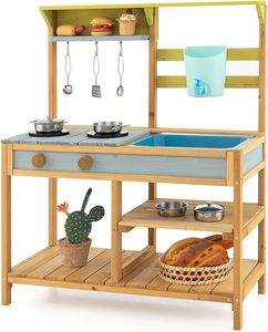 COSTWAY Kinderküche Holz, Spielküche für Kinder mit Wasserfunktion, Holzküche Matschküche Set mit Haken & abnehmbarem Regal, Geschenke für Kinder ab 3 Jahren