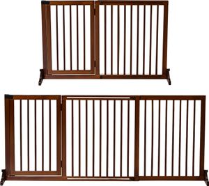 PawHut Absperrgitter Hunde Türschutzgitter Schutzgitter aus Holz Freistehendes Hundegitter mit Tür Hundeabsperrgitter Konfigurationsgitter für Kamin & Ofen Braun 113-166 x 36 x 71 cm