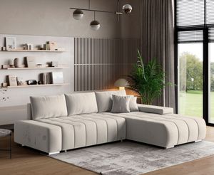 Masseno Ecksofa ALESE R-S mit Schlaffunktion L-Form, Sofa mit Bettkasten, Wohnzimmersofa, Couch, Soffa, Bettsofa, Couchgarnitur- Creme, MONOLITH 02