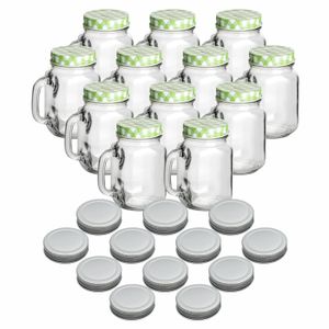gouveo 12er Set Trinkgläser 450 ml mit Deckel grün, silberfarben - Trinkglas mit Henkel und Drehverschluss - Henkelgläser mit Deckel