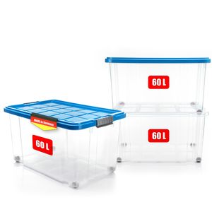 3x 60 L Aufbewahrungsbox mit Deckel groß rollbar azurblau - stabile & robuste Box