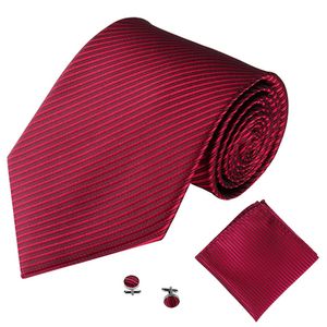 Einfarbiges Streifen-Jacquard-Business-Männer-Krawatte-Taschentuch-Manschettenknöpfe-Set-Lila-Rot