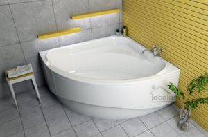 ECOLAM Badewanne Eckbadewanne Eckwanne Wanne Acryl Standard mit Sitz 140x140 Schürze Füße Silikon + Ablaufgarnitur GRATIS Komplett-Set