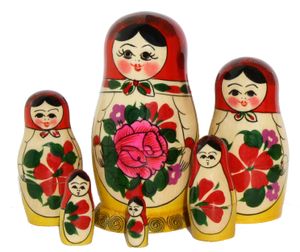 Matroschka Puppen Babuschka Holzpuppen rotes Tuch Set aus 6 Figuren 13cm hoch