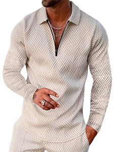 Herren Solid Color Pullover Sport Revers Hals  T-Shirts Athletic Long Sleeve Polo Shirt,Farbe:Beige,Größe:3xl
