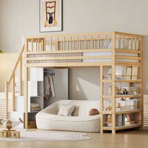 Flieks Etagenbett 90x200cm mit Garderobe, Kinderbett mit Regal, Hochbett mit Treppe und Lattenrost, Stockbett mit Rausfallschutz, Holzbett Holzfarbe Flieks Etagenbett 90x200cm mit Garderobe, Kinderbett mit Regal, Hochbett mit Treppe und Lattenrost, Stockbett mit Rausfallschutz, Holzbett Holzfarbe