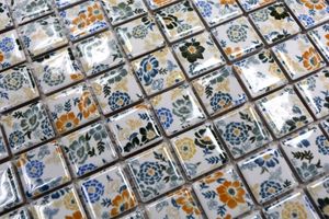 Handmuster Mosaikfliese Retro Vintage Keramik weiß bunt Blumen Fliesenspiegel MOS18C-1401_m