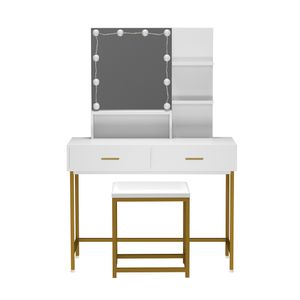 HOME DELUXE - Schminktisch KASIA - Farbe: Weiß, Gestell: Gold - 145 x 100 x 40 cm, 10 LED´s wählbar zwischen 3 Lichtfarben, steuerbar über Touchbutton I Kosmetiktisch Make UP Tisch