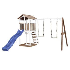 AXI Beach Tower Spielturm aus Holz in Braun & Weiß | Spielhaus für Kinder mit blauer Rutsche, Doppelschaukel und Sandkasten | Stelzenhaus für den Garten