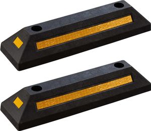 Wiltec Radstopper 56 x 15 x 10 cm, 2x Einparkhilfe aus Gummi, Parkplatzbegrenzung mit gelben Reflexionsstreifen & Schraubrillen, Parkplatzsperre für Garage