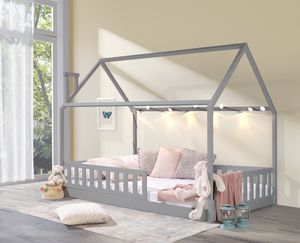 Hausbett »Kinderbett ROSI PLUS 120x200 Grau Kiefer« (Einzelbett mit Lattenrost und abnehmbarem Rausfallschutz)
