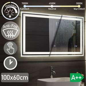 Aquamarin® LED Badspiegel - 100x60 cm, Beschlagfrei, Dimmbar, Energiesparend, mit Digitaluhr/Datum, 3000-7000K - Badezimmerspiegel, LED Spiegel, Licht