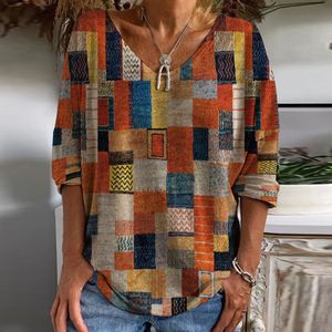 Damen Vintage V-Ausschnitt Shirt T-Shirt Lässig Top Langarm T-Shirt Oversize,Farbe:Orange,Größe:2Xl