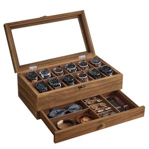 SONGMICS Uhrenbox mit 12 Fächern, Uhrenkasten aus Massivholz, mit Glasdeckel